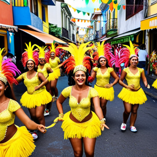 Home 11 ** "A bustling Brazilian street market during Carnaval, vibrant colors, samba dancers, street food stalls, joyful atmosphere."
**