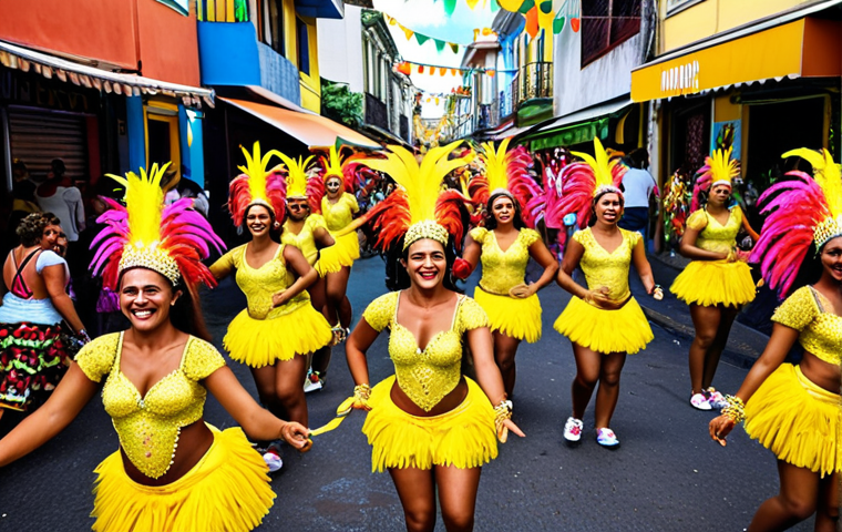 ** "A bustling Brazilian street market during Carnaval, vibrant colors, samba dancers, street food stalls, joyful atmosphere."
**