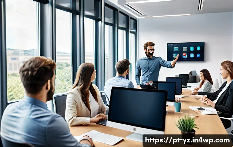 지식 공유와 기업 성과의 상관관계 - A modern corporate office scene showing a diverse team of professionals actively engaged in a collab...