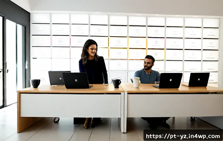 Home 30 지식 공유 데이터베이스 구축 방법 - Photorealistic modern knowledge-sharing database setup in a bright Lisbon coworking office, Portugue...