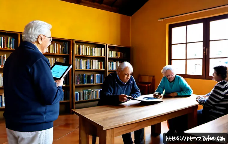 Home 17 지식 공유 시스템의 사회적 가치 - Photorealistic community knowledge-sharing workshop in a bright Portuguese public library, diverse a...